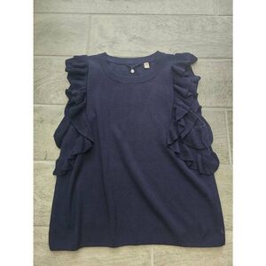 Anthropologie Knitted & Knotted Ruffle‎ Tank Top Sweater Navy Blue Size Small